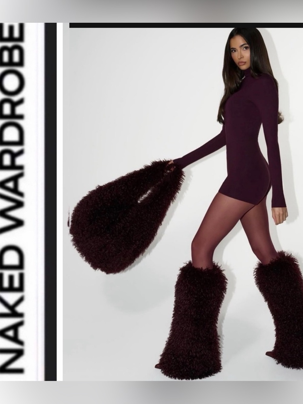 Naked Wardrobe🤎SET🤎Dark chocolate 🍫 Mongolian fur tote bag & leg warmers (SET)